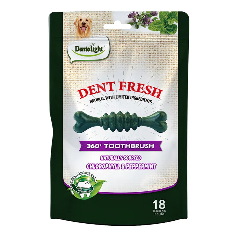 Dent Fresh Dog Treats, Peppermint Flavor Dental Toothbrush with Chlorophyll & Peppermint, Helps Clean Teeth & Healthy Gums