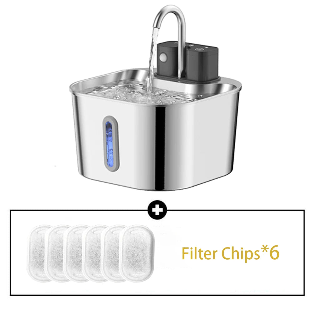 2L Wireless Smart Pet Fountain Stainless Steel Cat Dog Water Dispenser Motion Sensor Rechargeable Auto Drink Bowl( No 5V 1A Plug