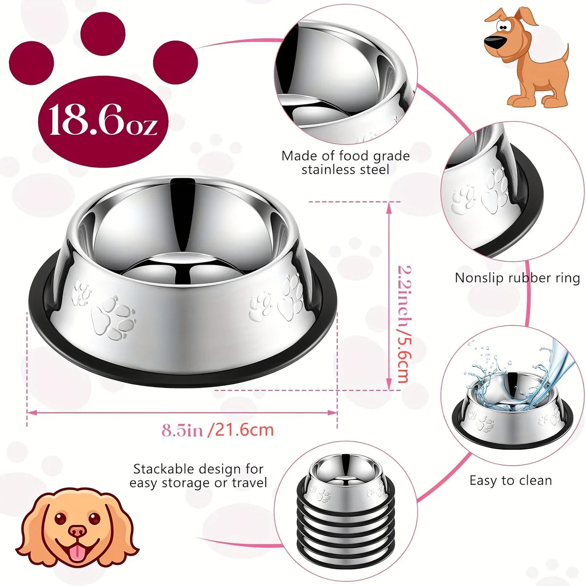 6Pcs Stainless Steel Dog Cat Bowls Non‑Slip Rubber Base Paw Print Pet Food Water Bowls for Small Medium Pets Durable Pet Supplie