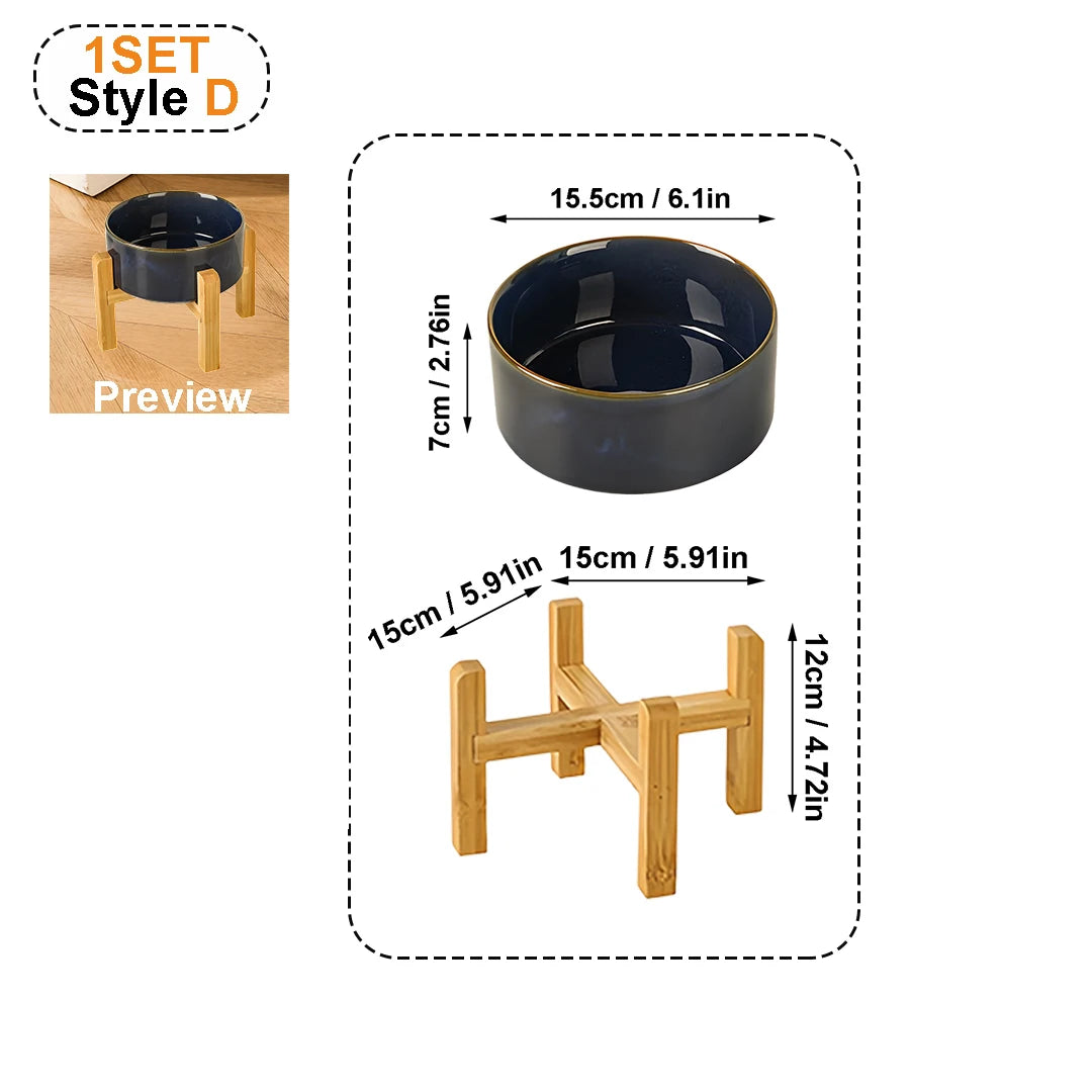 Kiln-Glaze Slow Feeder Pet Bowl with Elevated Wooden Stand, Anti-Tip Cat Dog Food Water Dish, Neck-Friendly Feeder