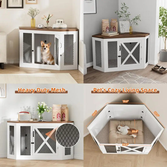 Xilingol Corner Dog Crate Furniture, Wooden Dog Kennel End Table with Mesh, Cage/House for Small Medium Large Dog, Decorative Pe