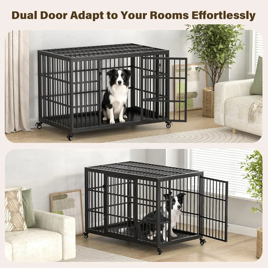 48 Inch Heavy Duty Steel Escape Proof Dog Kennel,Self-Locking Latch Indoor XL Crate For Large Dogs, Custom