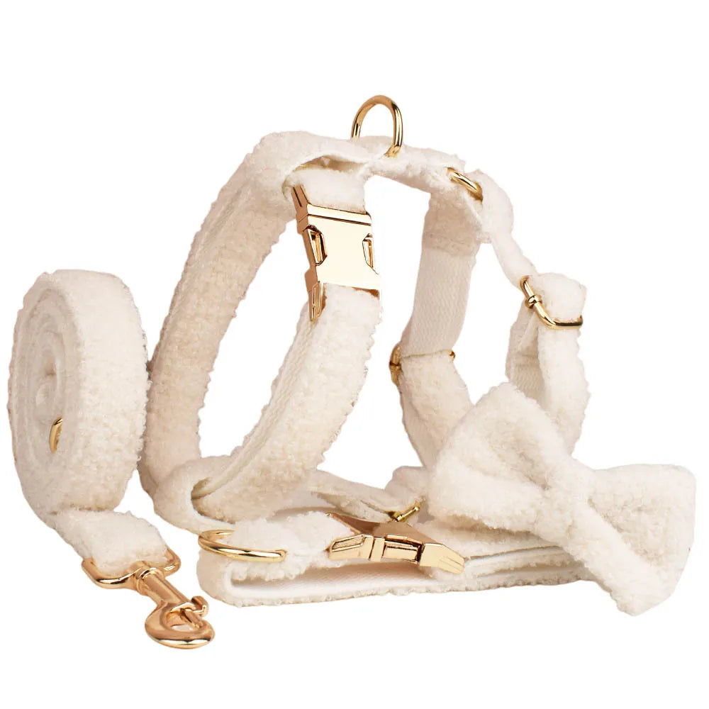 Pure White Teddy Dog Harness And Leash Set XS-XL Free Logo Number Pet Leads Adjustable Puppy Bowtie Necklace