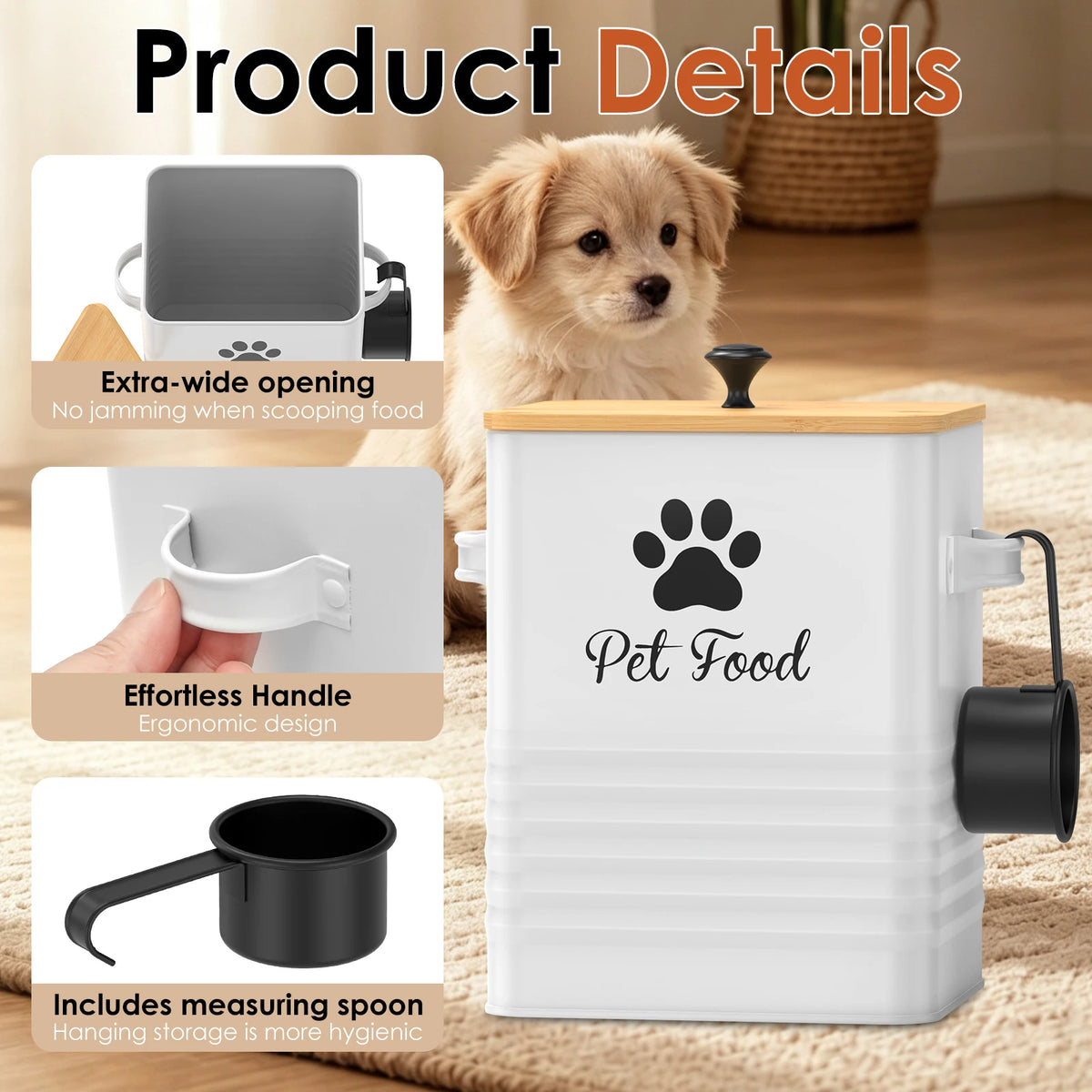 Pet Food Container Metal Dog Food Storage Bin with Bamboo Lid and Spoon 5 to 7 lbs Wide Opening Dog Snack Jar Home Pet Supplies