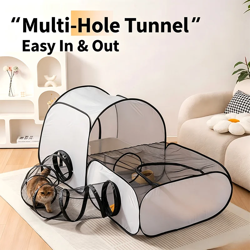 Foldable Cat Dog Playpen with Tunnel, Breathable & Washable Pet Enclosure, Portable Whelping Nursery Box for Indoor Small Animal