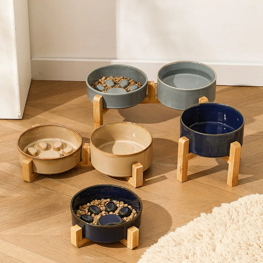Kiln-Glaze Slow Feeder Pet Bowl with Elevated Wooden Stand, Anti-Tip Cat Dog Food Water Dish, Neck-Friendly Feeder