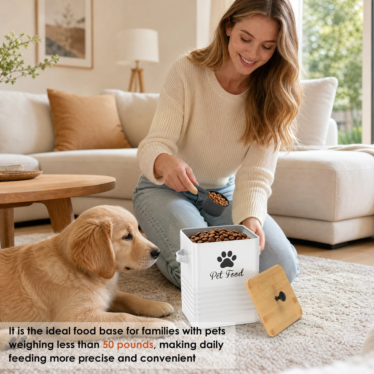 Pet Food Container Metal Dog Food Storage Bin with Bamboo Lid and Spoon 5 to 7 lbs Wide Opening Dog Snack Jar Home Pet Supplies
