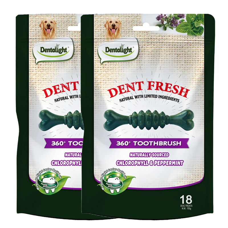 Dent Fresh Dog Treats, Peppermint Flavor Dental Toothbrush with Chlorophyll & Peppermint, Helps Clean Teeth & Healthy Gums