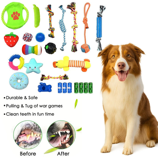 25Pcs Puppy Chew Toys Dog Rope Toys Dog Treat Balls & Squeaky Toy for Small Medium Dogs