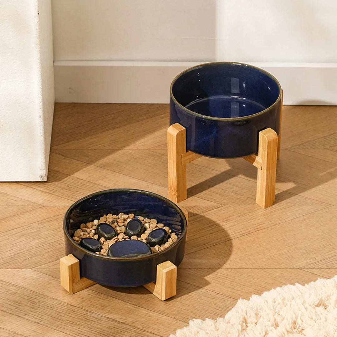 Kiln-Glaze Slow Feeder Pet Bowl with Elevated Wooden Stand, Anti-Tip Cat Dog Food Water Dish, Neck-Friendly Feeder