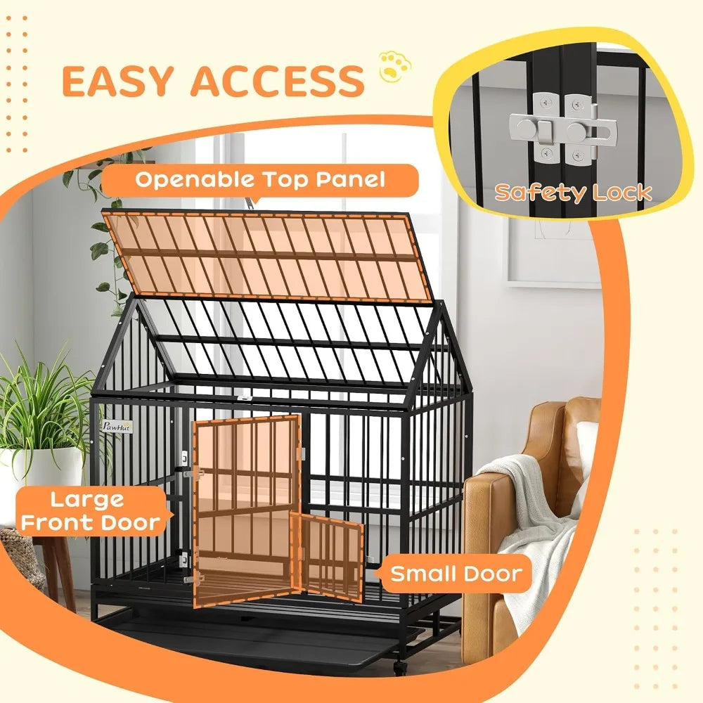 48 Inch Heavy Duty Dog Crate,Strong Steel Kennel for Large Dogs,4 Lockable Wheels,Double Doors & Openable Top, Customized