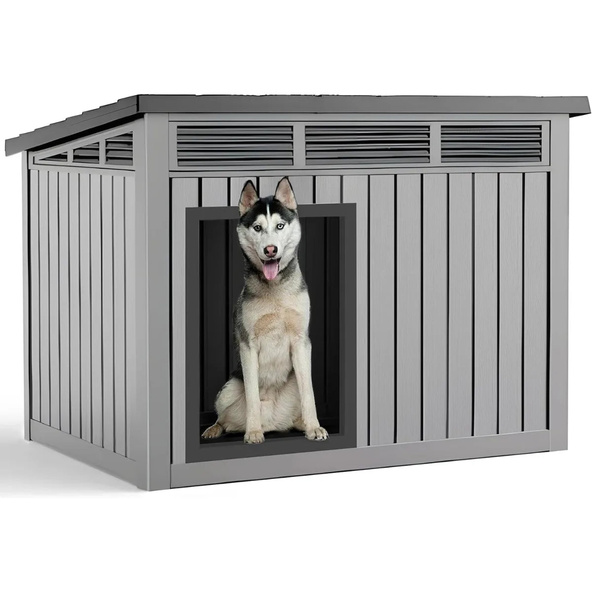 Waterproof Dog House for Small/Medium Dogs, Indoor/Outdoor with Air Vents & Elevated Floor, Easy to Clean & Assemble, Gray