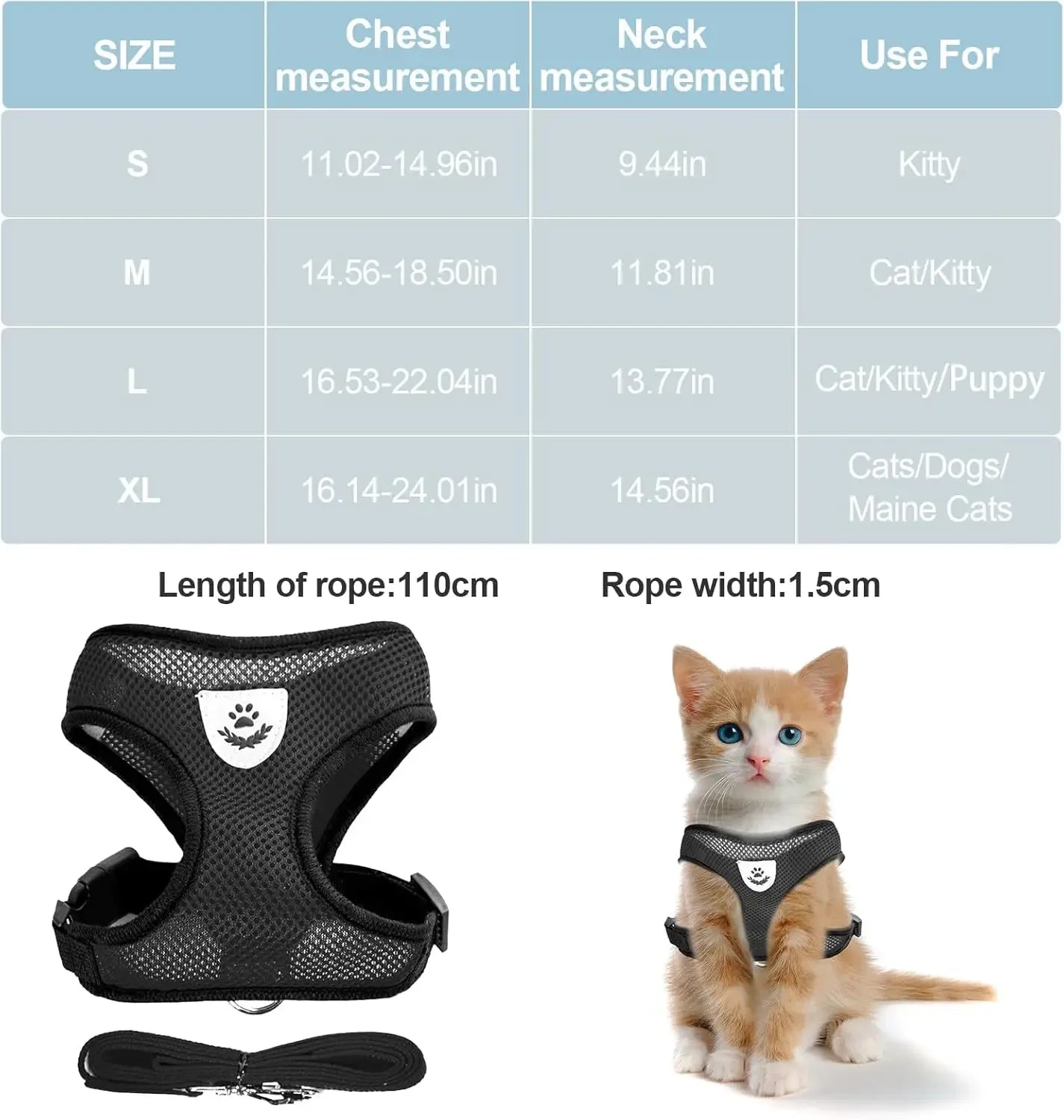 Cat Chest Harness and Leash Set – Summer Mesh, Anti-Escape, Adjustable – Size S Black for All Cats