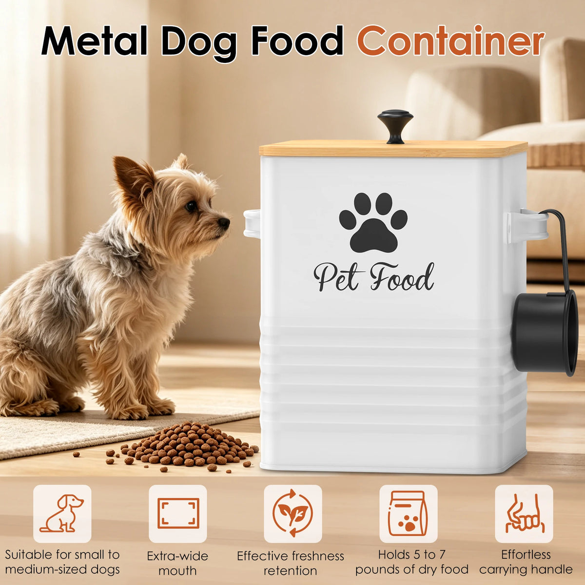 Pet Food Container Metal Dog Food Storage Bin with Bamboo Lid and Spoon 5 to 7 lbs Wide Opening Dog Snack Jar Home Pet Supplies