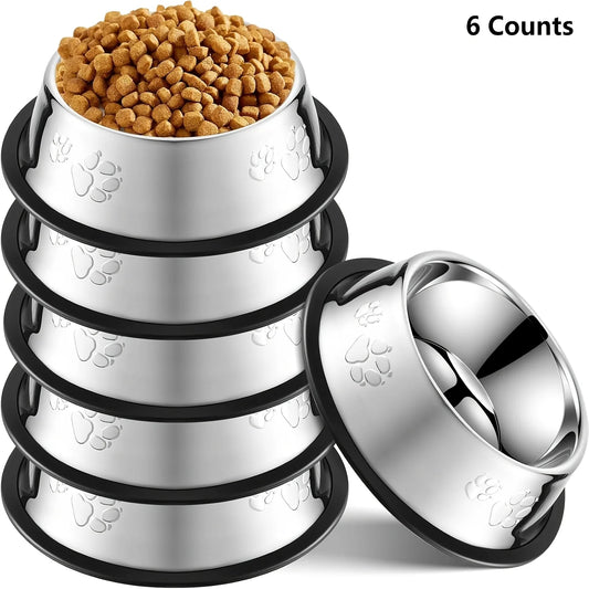 6Pcs Stainless Steel Dog Cat Bowls Non‑Slip Rubber Base Paw Print Pet Food Water Bowls for Small Medium Pets Durable Pet Supplie