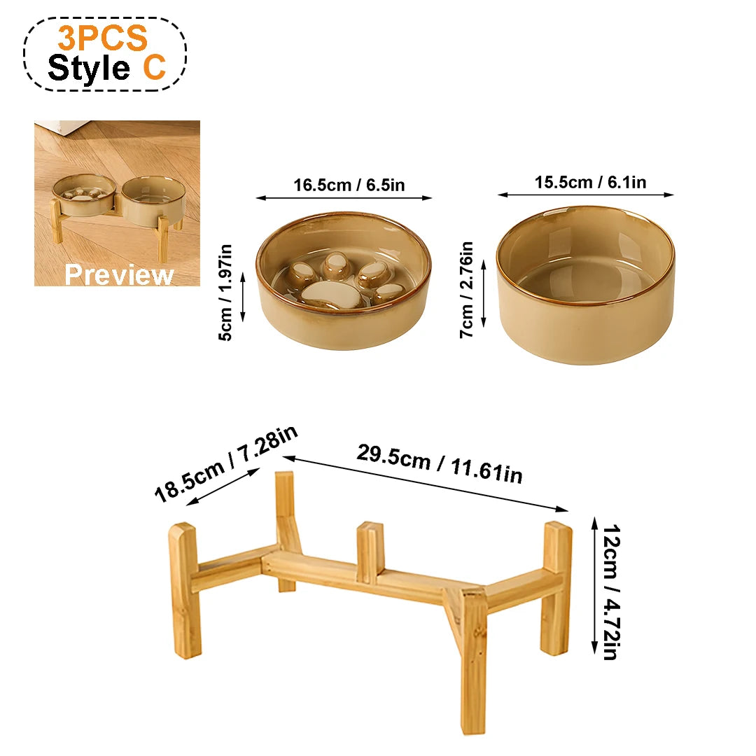 Kiln-Glaze Slow Feeder Pet Bowl with Elevated Wooden Stand, Anti-Tip Cat Dog Food Water Dish, Neck-Friendly Feeder