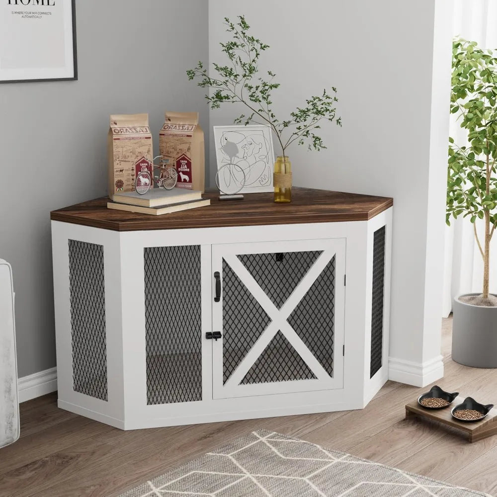 Xilingol Corner Dog Crate Furniture, Wooden Dog Kennel End Table with Mesh, Cage/House for Small Medium Large Dog, Decorative Pe