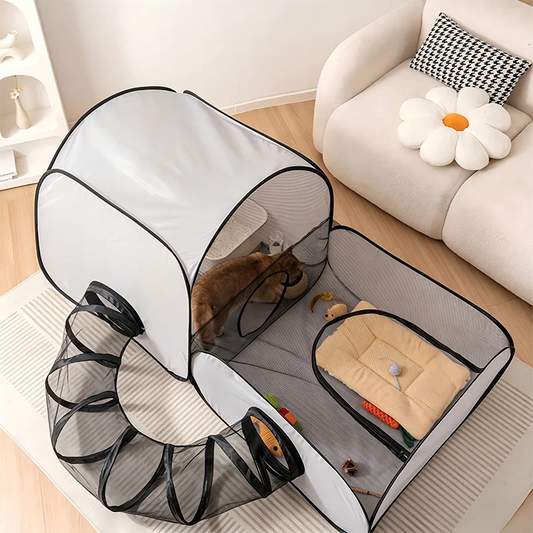 Foldable Cat Dog Playpen with Tunnel, Breathable & Washable Pet Enclosure, Portable Whelping Nursery Box for Indoor Small Animal