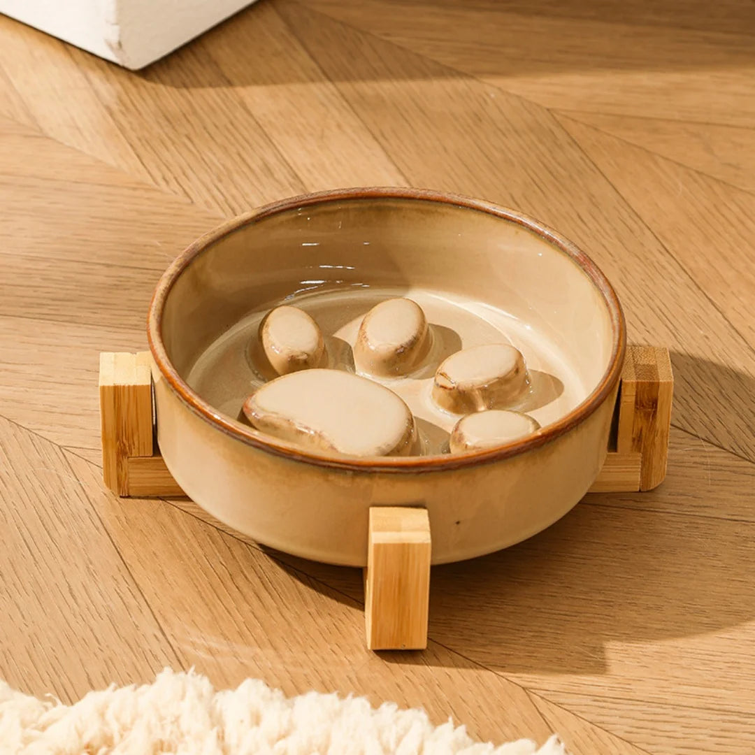 Kiln-Glaze Slow Feeder Pet Bowl with Elevated Wooden Stand, Anti-Tip Cat Dog Food Water Dish, Neck-Friendly Feeder