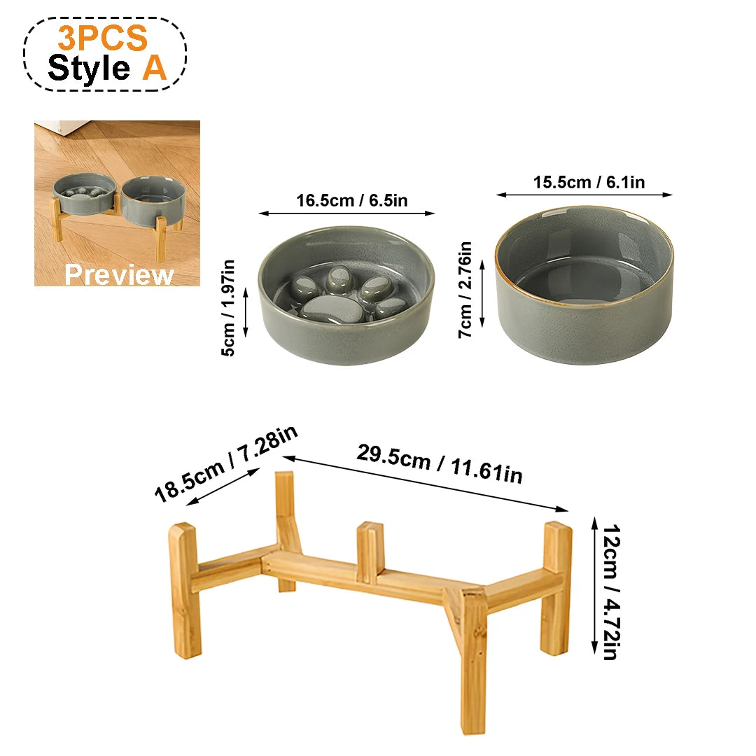 Kiln-Glaze Slow Feeder Pet Bowl with Elevated Wooden Stand, Anti-Tip Cat Dog Food Water Dish, Neck-Friendly Feeder