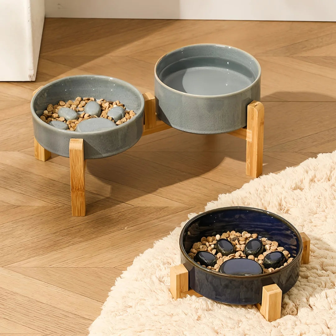 Kiln-Glaze Slow Feeder Pet Bowl with Elevated Wooden Stand, Anti-Tip Cat Dog Food Water Dish, Neck-Friendly Feeder
