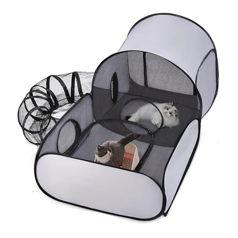 Foldable Cat Dog Playpen with Tunnel, Breathable & Washable Pet Enclosure, Portable Whelping Nursery Box for Indoor Small Animal