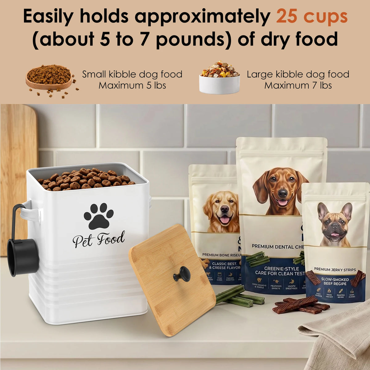 Pet Food Container Metal Dog Food Storage Bin with Bamboo Lid and Spoon 5 to 7 lbs Wide Opening Dog Snack Jar Home Pet Supplies