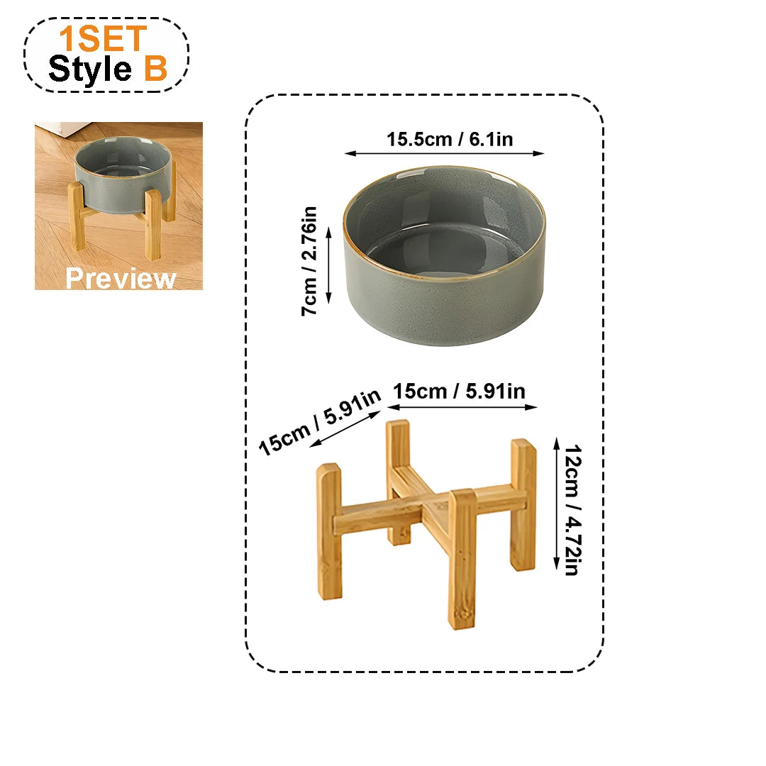 Kiln-Glaze Slow Feeder Pet Bowl with Elevated Wooden Stand, Anti-Tip Cat Dog Food Water Dish, Neck-Friendly Feeder