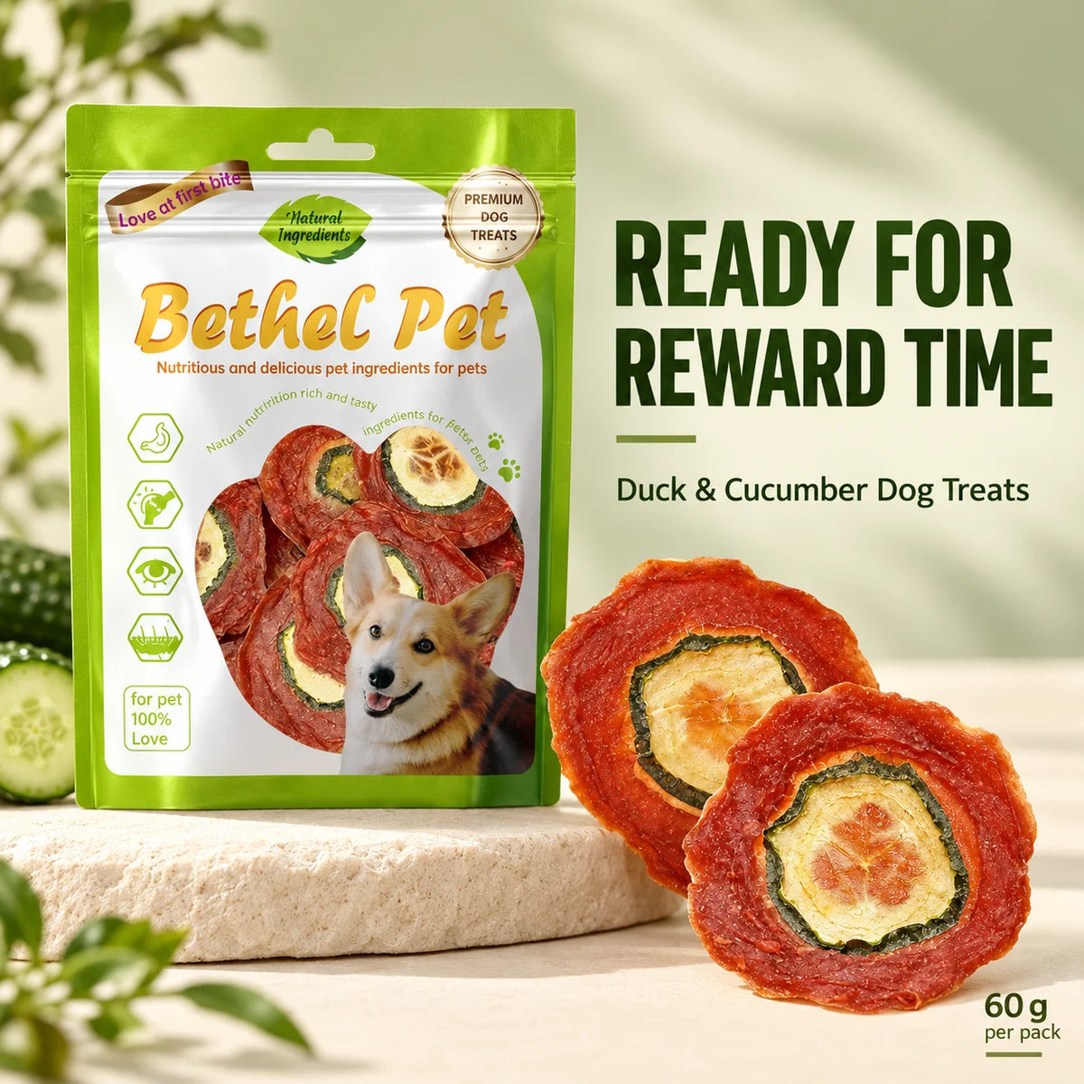 Duck Cucumber Dog Treats 60g Crispy Meat Chips Pet Training Rewards Puppy Snacks for Small Medium Large Dogs Daily Treats