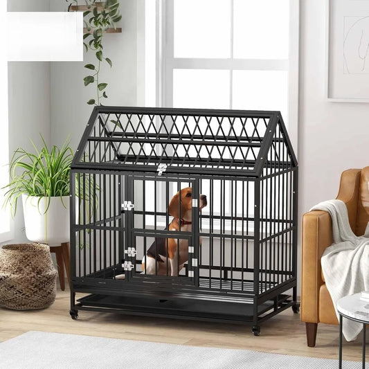 48 Inch Heavy Duty Dog Crate,Strong Steel Kennel for Large Dogs,4 Lockable Wheels,Double Doors & Openable Top, Customized