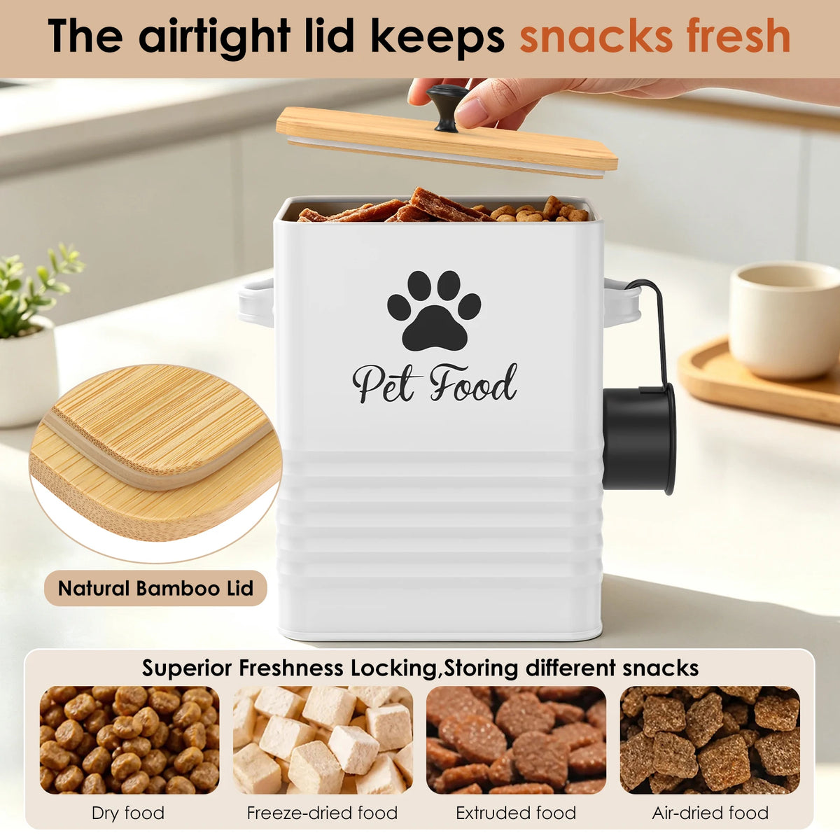 Pet Food Container Metal Dog Food Storage Bin with Bamboo Lid and Spoon 5 to 7 lbs Wide Opening Dog Snack Jar Home Pet Supplies