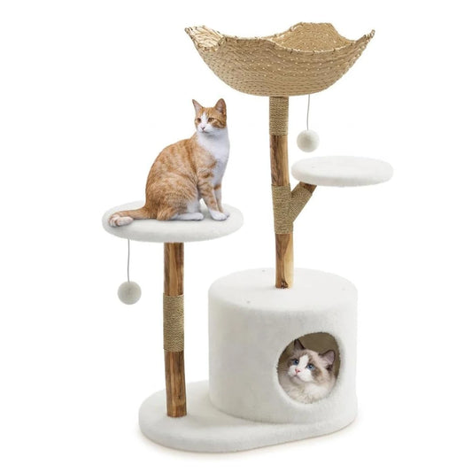 Modern Wood Cat Tree Tower for Indoor Cats, Rattan Basket Bed Sturdy Solid Wood Design with Handwoven Basket Bed, Private Condo, Sisal Scratch Posts & Washable Plush Cushions