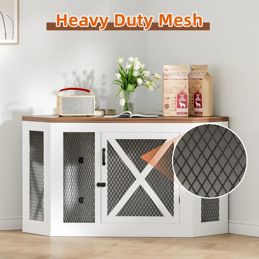 Xilingol Corner Dog Crate Furniture, Wooden Dog Kennel End Table with Mesh, Cage/House for Small Medium Large Dog, Decorative Pe