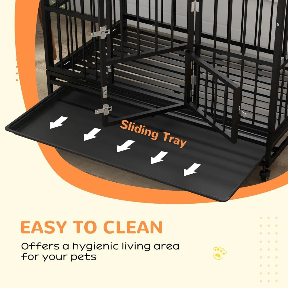 48 Inch Heavy Duty Dog Crate,Strong Steel Kennel for Large Dogs,4 Lockable Wheels,Double Doors & Openable Top, Customized
