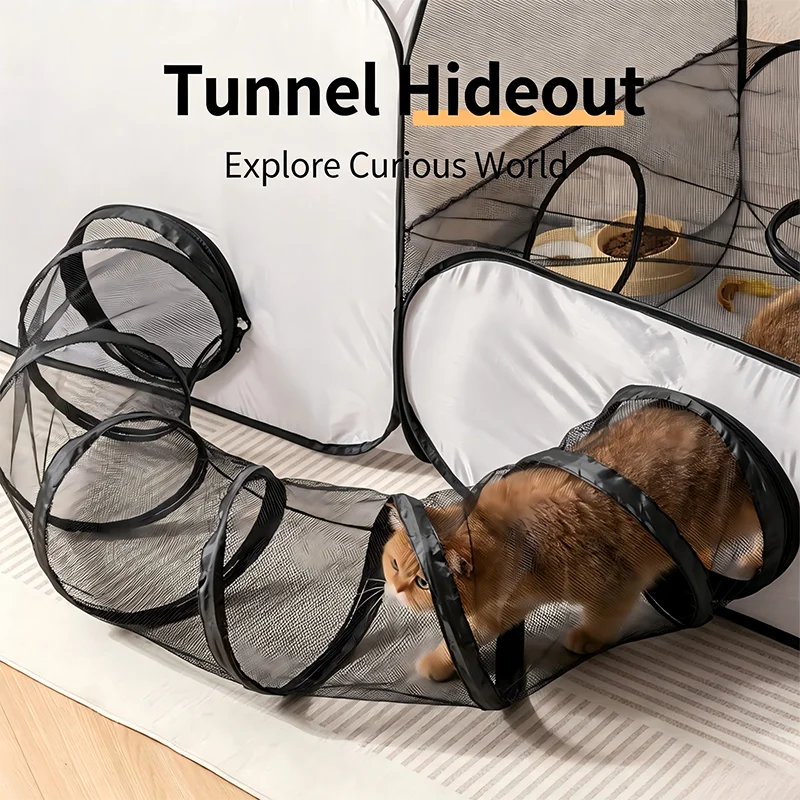 Foldable Cat Dog Playpen with Tunnel, Breathable & Washable Pet Enclosure, Portable Whelping Nursery Box for Indoor Small Animal
