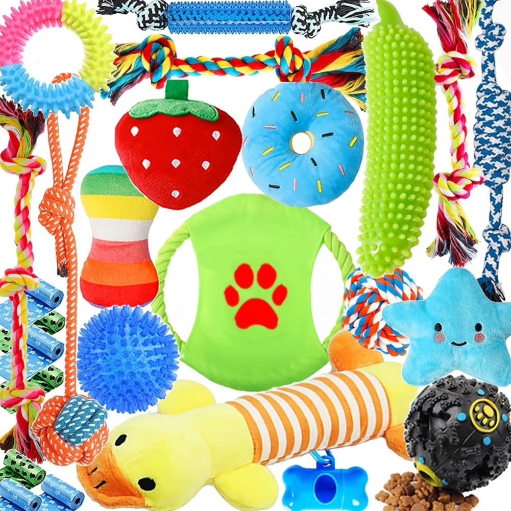 25Pcs Puppy Chew Toys Dog Rope Toys Dog Treat Balls & Squeaky Toy for Small Medium Dogs