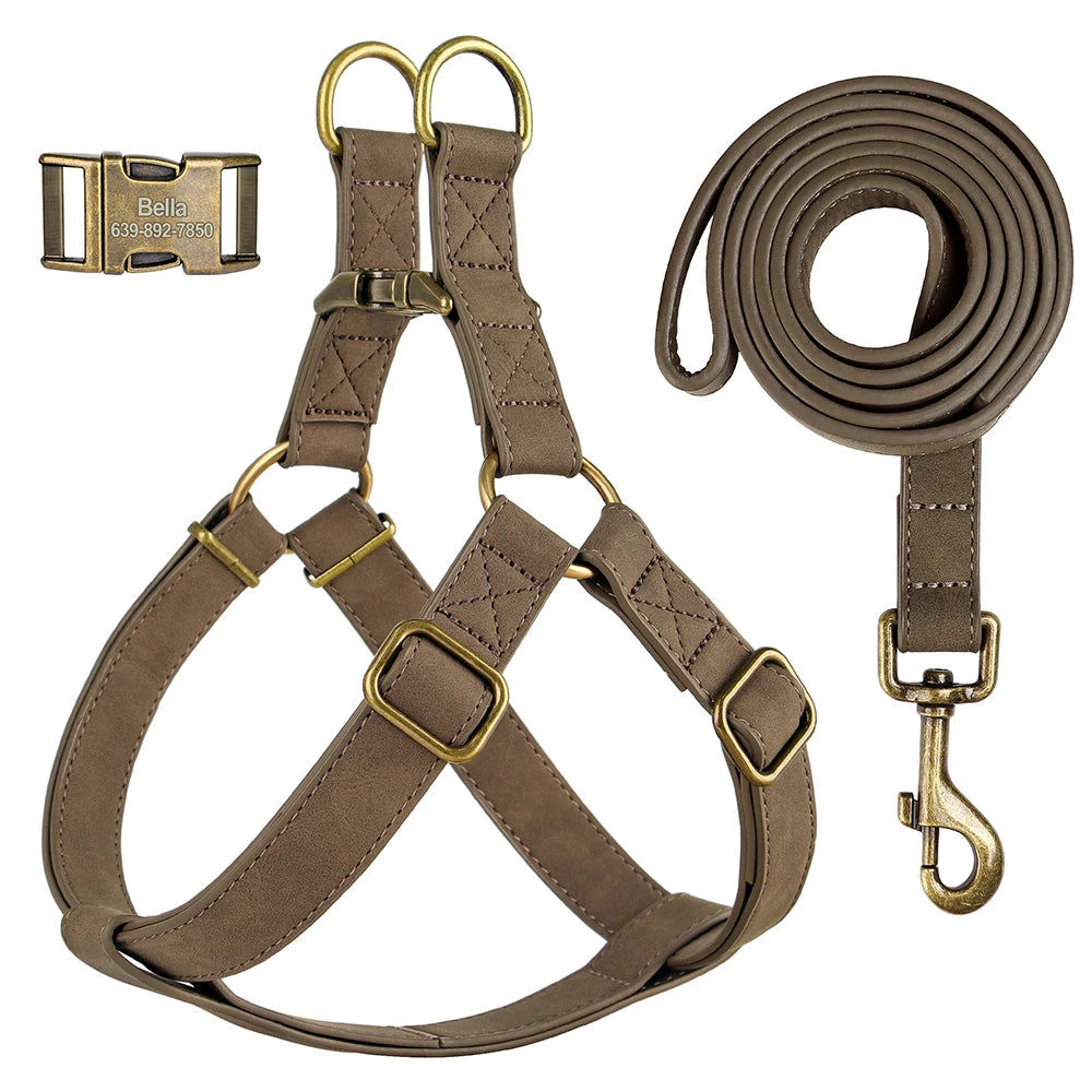 Custom PU Leather Harness And Leash Engraved Dog ID Buckle Harnesses Vest Pet Leading Rope Durable For Small Medium Dogs Bulldog