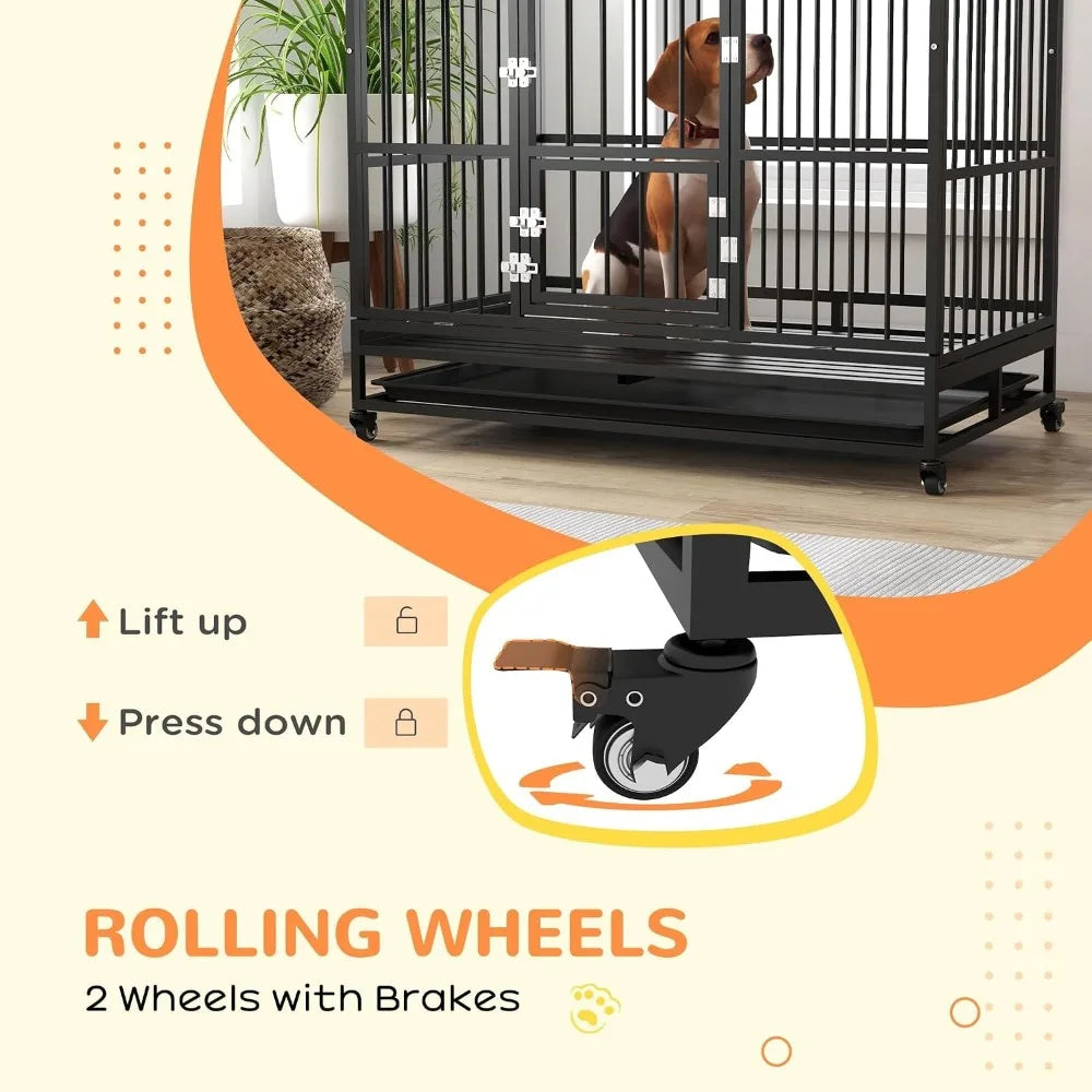 48 Inch Heavy Duty Dog Crate,Strong Steel Kennel for Large Dogs,4 Lockable Wheels,Double Doors & Openable Top, Customized