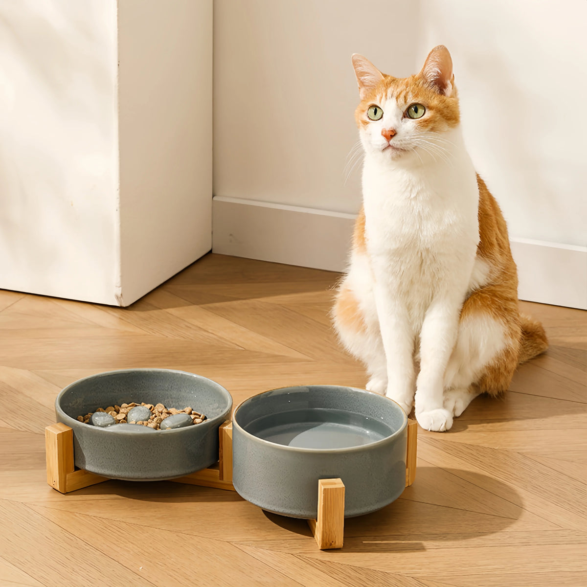 Kiln-Glaze Slow Feeder Pet Bowl with Elevated Wooden Stand, Anti-Tip Cat Dog Food Water Dish, Neck-Friendly Feeder
