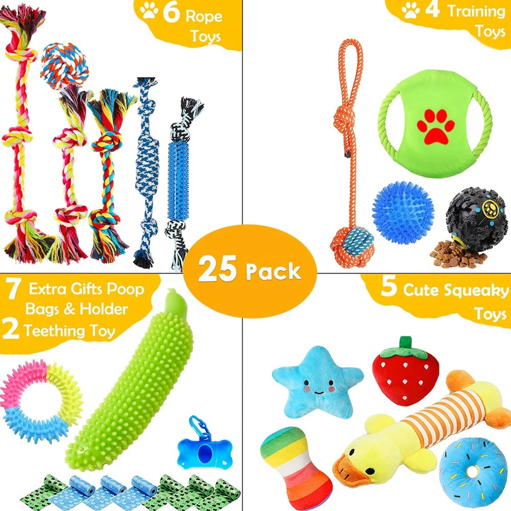 25Pcs Puppy Chew Toys Dog Rope Toys Dog Treat Balls & Squeaky Toy for Small Medium Dogs