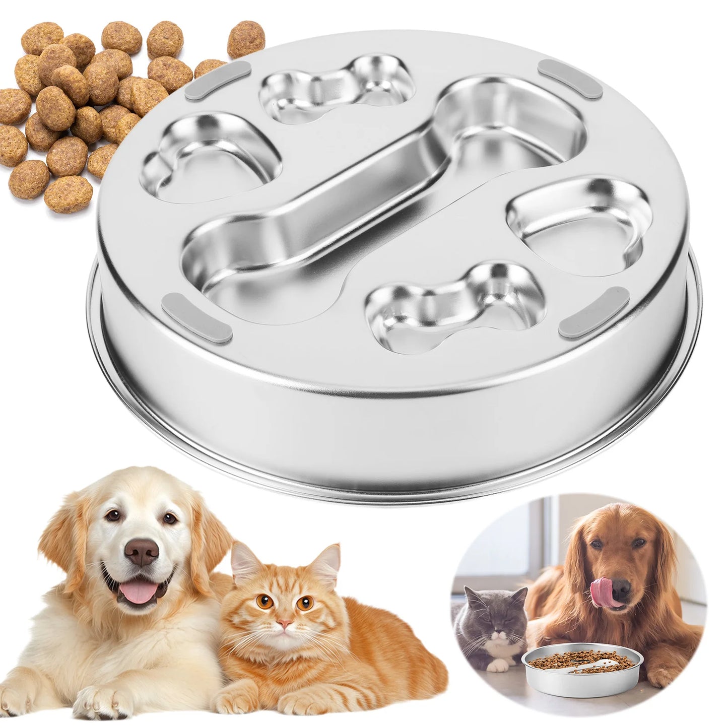 304 Stainless Steel Pet Dog Slow Feeder Bowl W/ Non-Slip Mat Dog Water Bowl Anti-Choking Pet Food Bowls for Small & Medium Dogs