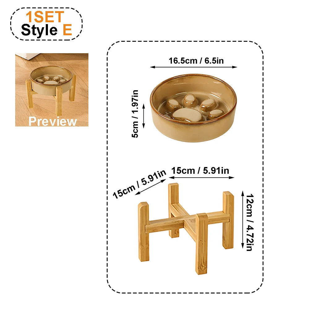 Kiln-Glaze Slow Feeder Pet Bowl with Elevated Wooden Stand, Anti-Tip Cat Dog Food Water Dish, Neck-Friendly Feeder