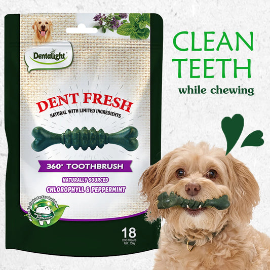 Dent Fresh Dog Treats, Peppermint Flavor Dental Toothbrush with Chlorophyll & Peppermint, Helps Clean Teeth & Healthy Gums