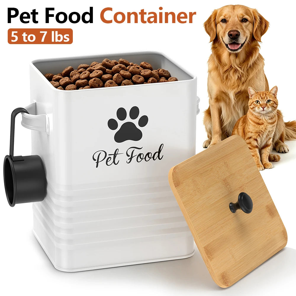 Pet Food Container Metal Dog Food Storage Bin with Bamboo Lid and Spoon 5 to 7 lbs Wide Opening Dog Snack Jar Home Pet Supplies