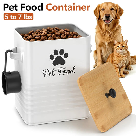 Pet Food Container Metal Dog Food Storage Bin with Bamboo Lid and Spoon 5 to 7 lbs Wide Opening Dog Snack Jar Home Pet Supplies