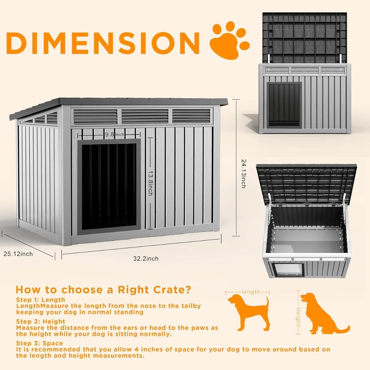 Waterproof Dog House for Small/Medium Dogs, Indoor/Outdoor with Air Vents & Elevated Floor, Easy to Clean & Assemble, Gray