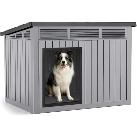 Waterproof Dog House for Small/Medium Dogs, Indoor/Outdoor with Air Vents & Elevated Floor, Easy to Clean & Assemble, Gray