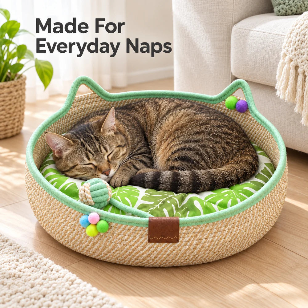 Woven Cat Bed For Indoor Cats Round Cat Basket With Cat Ear Design Cozy Cat Lounger For Kittens And Small Cats Indoor Pet Sleeping Basket For Napping And Relaxing