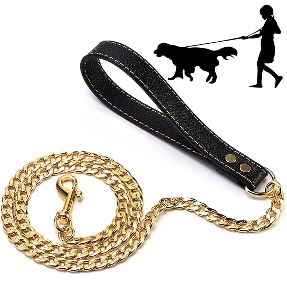 10MM Stainless Steel Chain Dog Leash Metal Chew Proof Pet Leash Chain Golden with Leather Padded Handle for Large Medium Dogs