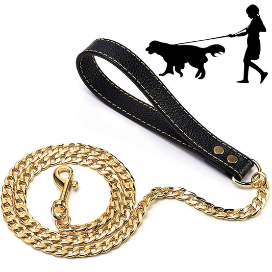 10MM Stainless Steel Chain Dog Leash Metal Chew Proof Pet Leash Chain Golden with Leather Padded Handle for Large Medium Dogs